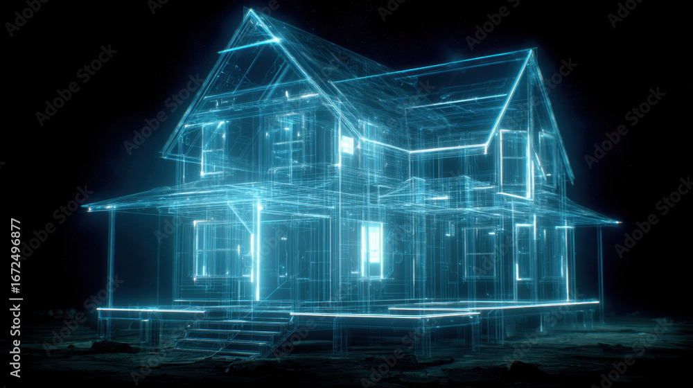 Poster futuristic digital representation of house, showcasing wireframe design illuminated in blue light. s