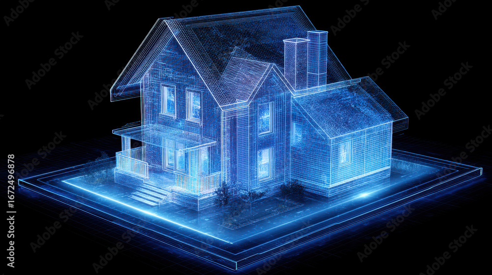 Poster digital representation of house showcases futuristic design with glowing blue lines and transparent 