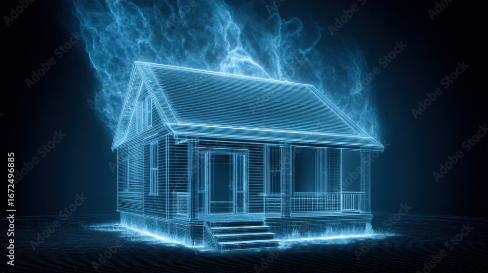 Poster futuristic digital representation of house, showcasing glowing blue outline with holographic effect.