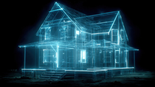 Futuristic digital representation of house, showcasing wireframe design illuminated in blue light. structure appears transparent, emphasizing its architectural features and modern technology