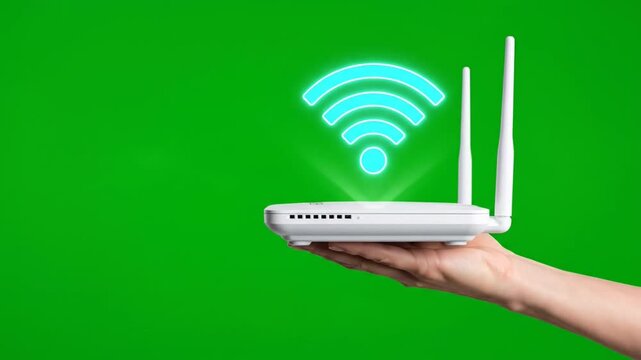 Hand Holding White Wireless Router with WiFi Signal Icon on Green Background