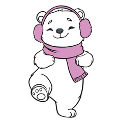 Dancing polar bear cub in pink scarf and earmuffs moving joyfully. Cute winter animal illustration for holiday cards, children’s books, prints, and festive designs.