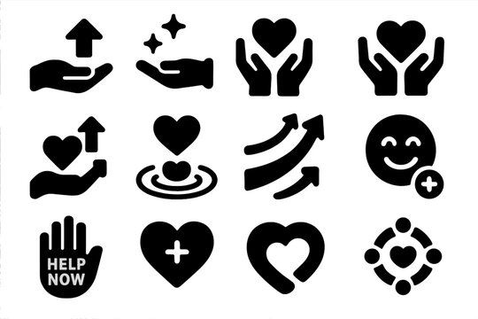 Donation Icon Suite. Solid style icons of donation encouragement: give more icon, sparkle hand, share love symbol, heart growth