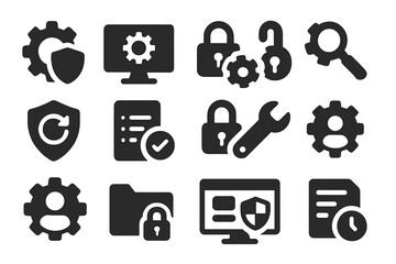 Security Tools Icons. Solid style icons of security settings and tools: gear with shield, security configuration screen, locked