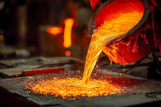 Molten metal is being poured from a crucible into a mold, showcasing the intense heat and craftsmanship in a foundry environment