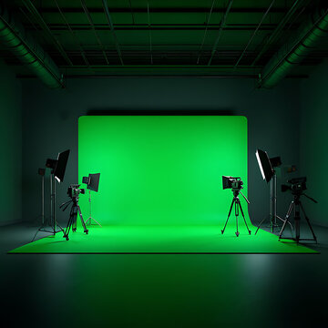 Illuminated Green Screen Studio Setup with Professional Lighting and Camera Equipment Ready for Filming and Production