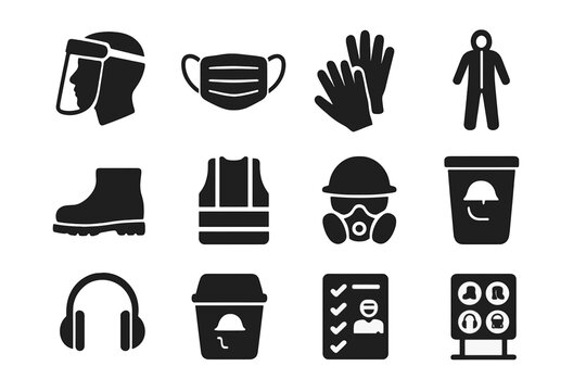 PPE Icon Collection. Solid style icons of personal protective equipment (PPE): face shield, surgical mask, nitrile gloves,