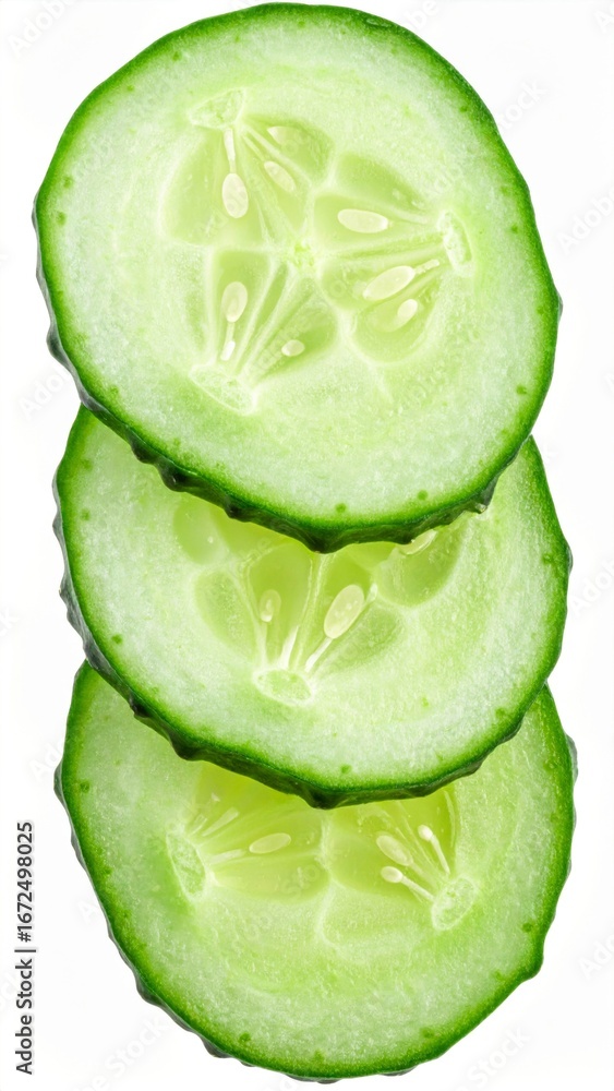 Poster fresh green cucumber slices stacked vertically on a white background in sharp focus