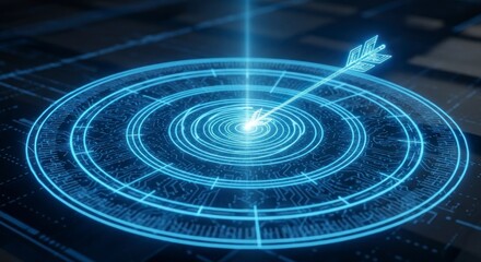 A glowing, light-blue target with an arrow pointing towards the center, surrounded by intricate circuit board patterns, creates a visually compelling image.