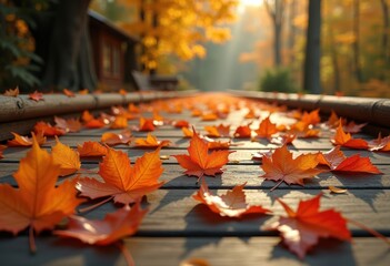 vibrant autumn leaves scattered rustic wooden deck colorful nature beauty fascinating textures, orange, yellow, fallen, forest, season, pattern, earthy, warmth, scenic