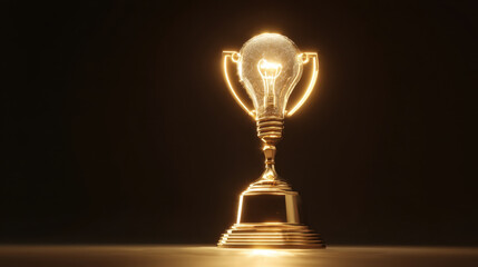 Golden trophy shaped like light bulb symbolizes innovation and achievement, radiating warm glow against dark background. This unique design represents success and creativity