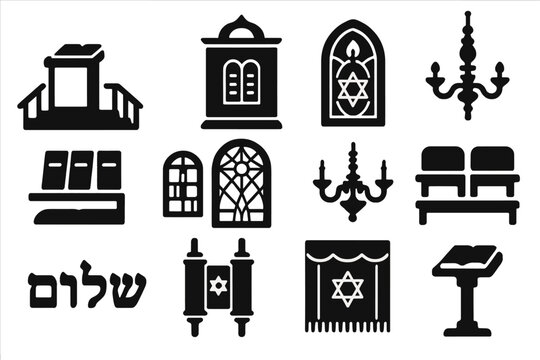 Synagogue Interior Icons. Solid style icons of synagogue interior elements: bimah platform, Torah ark (aron kodesh), eternal light