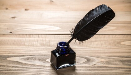 Black Quill Pen with Inkwell on Wooden Table Creates a Writing Still Life Composition