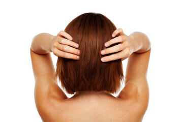 Person touching brown bob haircut with hands image