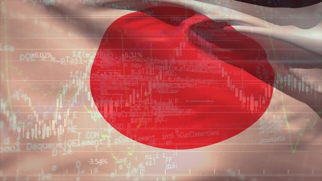 Animation of financial data processing against waving japan flag