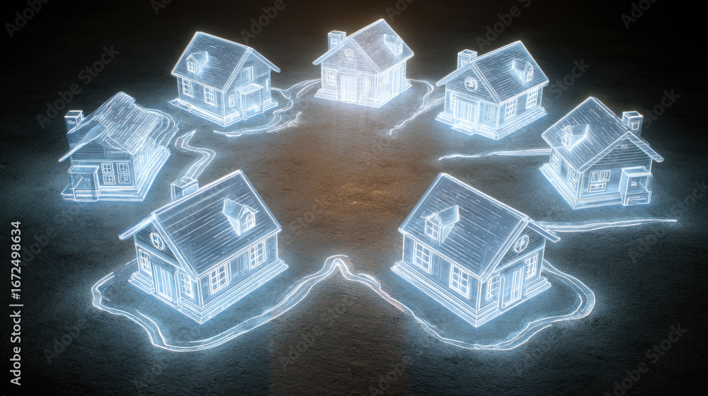 Poster digital houses illuminated in circular arrangement, showcasing futuristic design. glowing outlines c