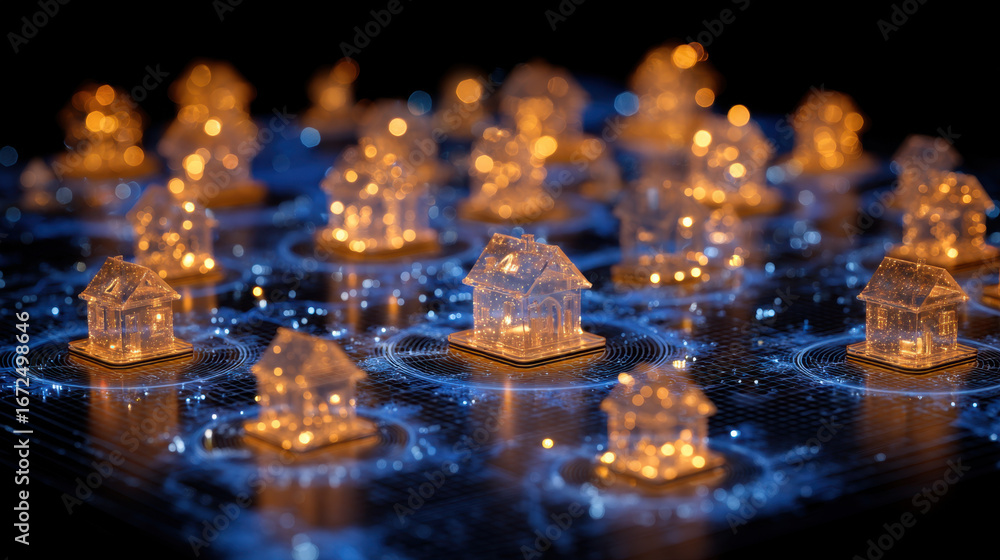 Poster digital houses illuminated with warm lights are arranged on dark surface, creating futuristic citysc