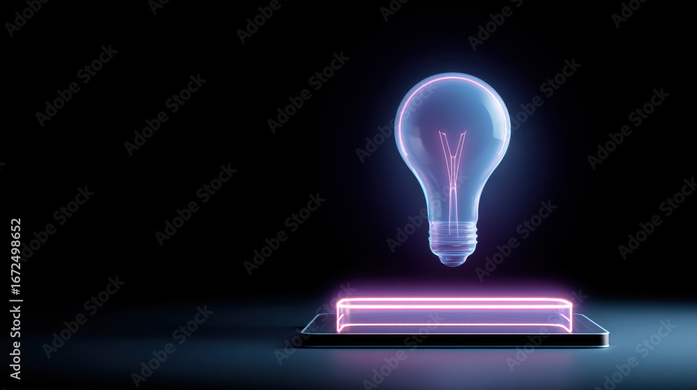 Poster glowing light bulb appears to float above sleek, illuminated platform, creating futuristic and innov