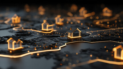 3D model of illuminated houses on dark map, showcasing network of glowing homes connected by light. This artistic representation highlights urban planning and real estate concepts