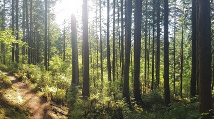 Obraz premium Sunlight filters through a dense forest.