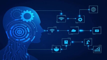 Artificial intelligence concept with a human head silhouette, gears, and a network of business and technology icons. Illustrates machine learning, business process automation, data analysis, fintech - Powered by Adobe