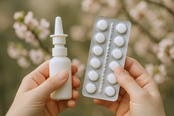 Hands holding nasal spray and blister pack of tablets, concept of allergy relief, seasonal hay fever treatment