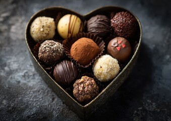 Heart shaped box filled with assorted gourmet chocolate truffles