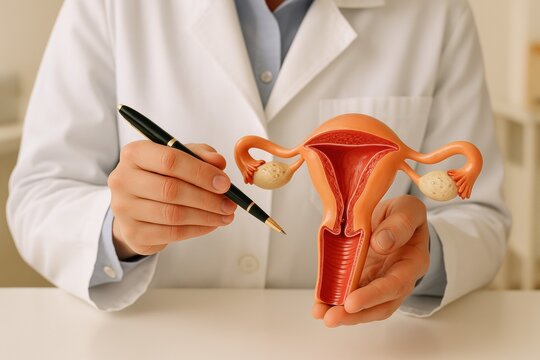 Doctor explaining female reproductive system anatomy using uterus model and pen, highlighting ovaries, fallopian tubes, medical consultation, gynecology, fertility, and women&rsquo;s health