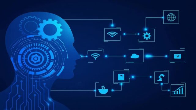 Artificial intelligence concept with a human head silhouette, gears, and a network of business and technology icons. Illustrates machine learning, business process automation, data analysis, fintech - Powered by Adobe
