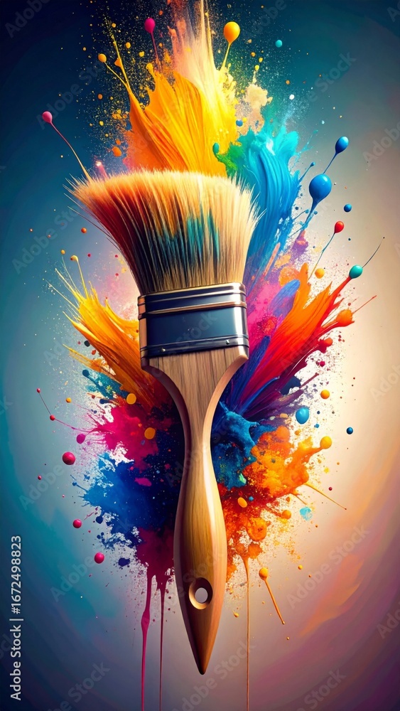Poster Paintbrush Bursting with Vibrant Colors in an Explosion of Abstract Artistic Expression