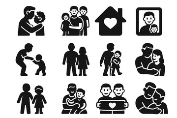 Adoptive and Foster Dads. Solid style icons of adoptive and foster dads: welcoming hug, diverse family, home with heart, first