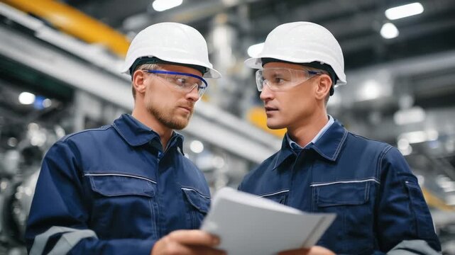 Engineers in safety glasses examine a plastic resin sample in a well-lit factory with polymer mixers and pneumatic systems.