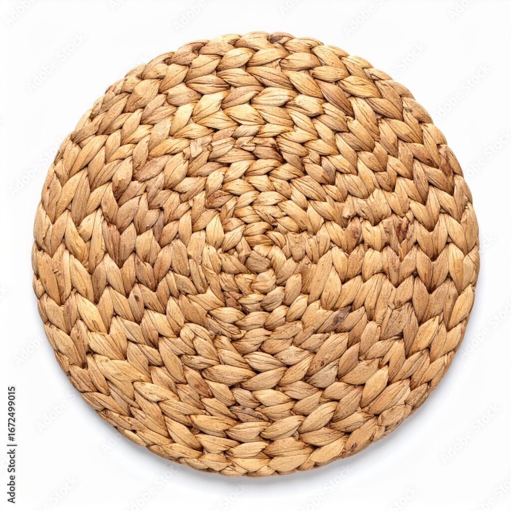 Poster woven round placemat with brown straw texture in a concentric pattern on white background