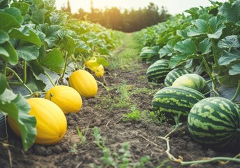 Close-up view of ripe yellow melons and striped green watermelons growing in rows on a farm field under sunlight, fresh organic fruits in agricultural cultivation concept