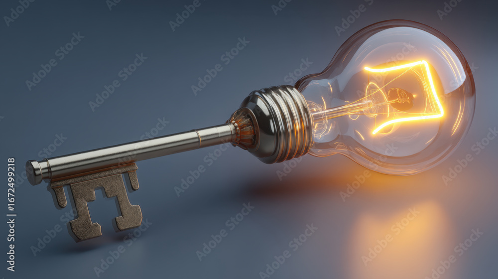 Poster creative light bulb shaped like key symbolizes innovation and ideas. metallic key design adds unique