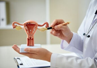 Doctor holding anatomical model of female reproductive system with uterus, ovaries, and fallopian tubes, using pen for medical explanation, gynecology education and health awareness