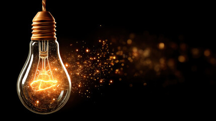 Glowing light bulb emits warm, golden glow, surrounded by sparkling particles that create magical atmosphere. contrast against dark background enhances enchanting effect