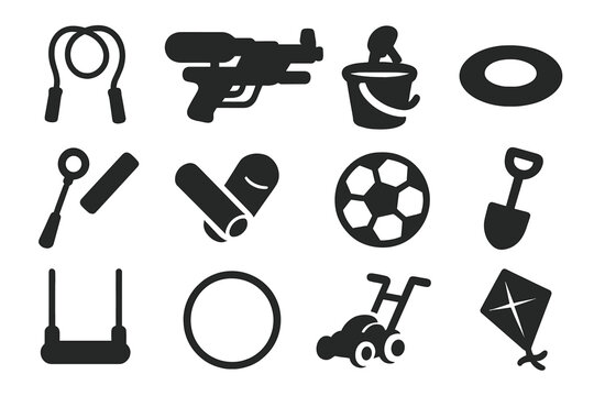 Outdoor Toy Icons. Solid style icons of outdoor toys: jump rope, water gun, beach bucket, flying disc, bubble wand, chalk stick,