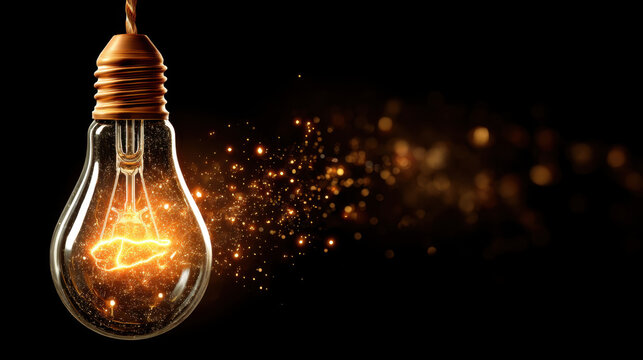Glowing light bulb emits warm, golden glow, surrounded by sparkling particles that create magical atmosphere. contrast against dark background enhances enchanting effect