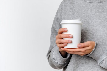 Person in grey sweatshirt holding a white coffee cup against a neutral background