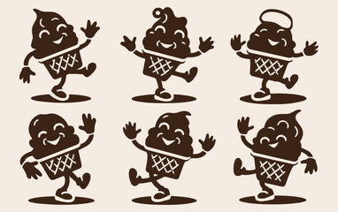 Illustration of various cheerful anthropomorphic ice cream cones with smiling faces, arms up, and legs in motion.