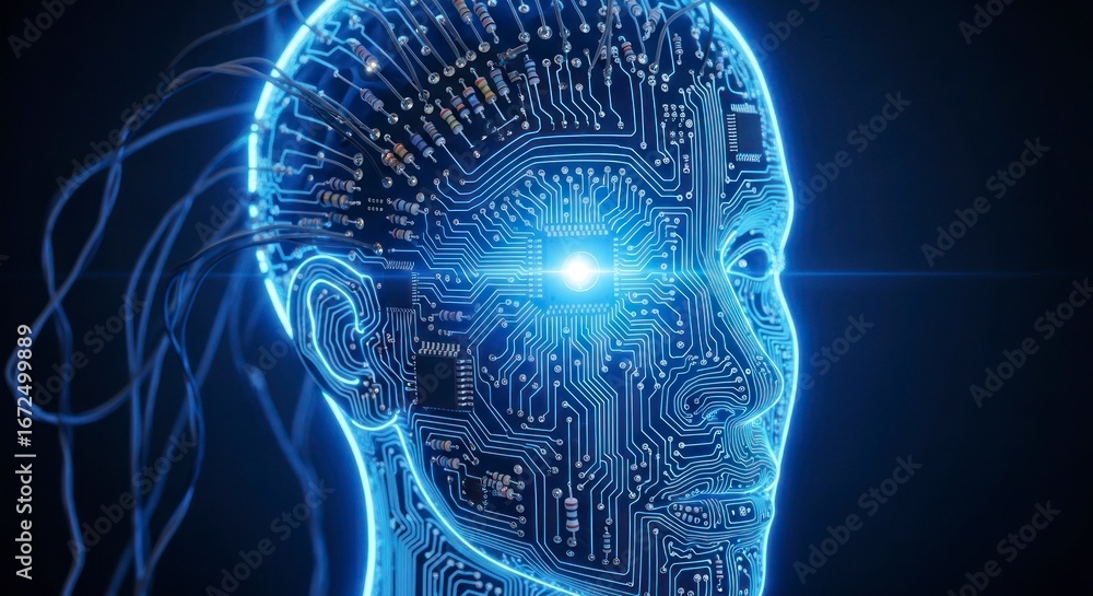 Aufkleber a head profile showcasing a digital neural network, intricate circuit patterns highlight intelligent