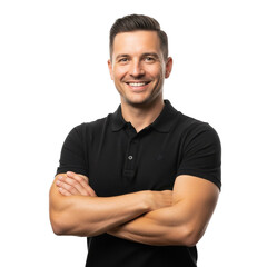 A confident smiling man with short brown hair and a black polo shirt stands with his arms crossed against a plain black background looking directly at the camera with a welcoming expression