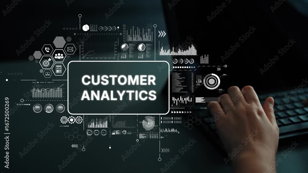 Poster hands engaged in customer analytics with visual data charts and graphs in modern digital environment