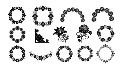 Floral Ornament Collection: A diverse selection of elegant floral ornaments, meticulously designed in a sophisticated grayscale, offering versatility for creative projects.