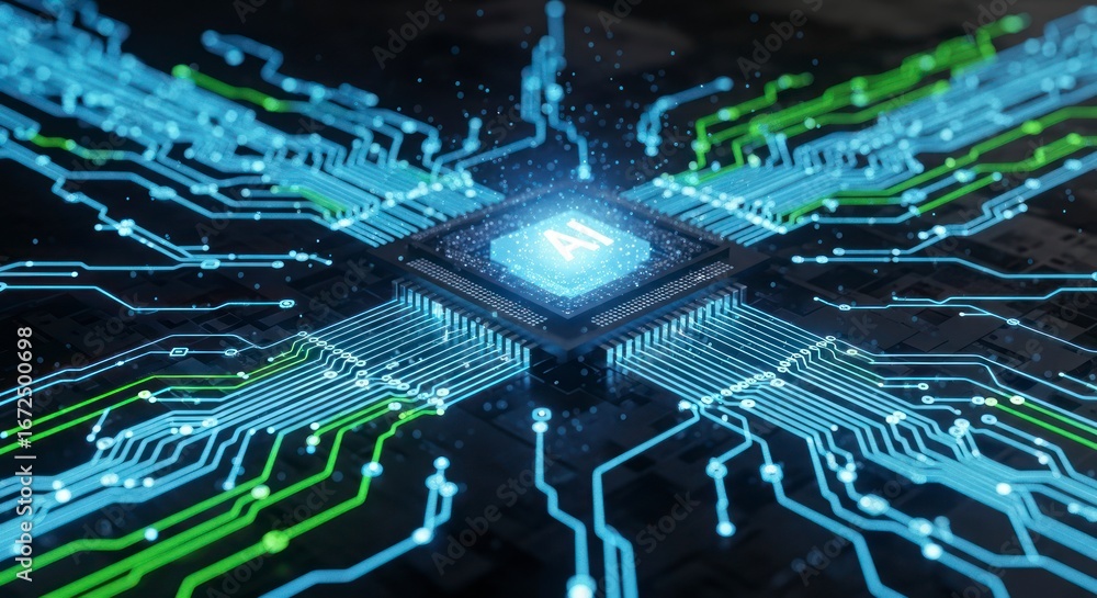 Fototapete high-tech close-up of a central processing unit, highlighted by glowing light pathways and circuit l