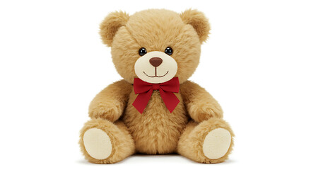 Obraz premium Adorable, Fluffy, and Cuddly Light Brown Teddy Bear with a Bright Red Bow, Sitting Peacefully on a Clean White Background