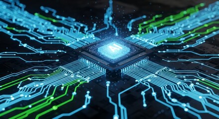 High-tech close-up of a central processing unit, highlighted by glowing light pathways and circuit lines, showcasing the intricate design of modern technology.