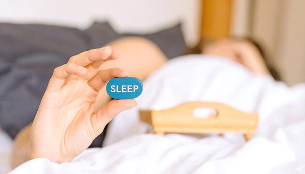 Hand holding a blue button with the word "sleep" on it, in a bedroom