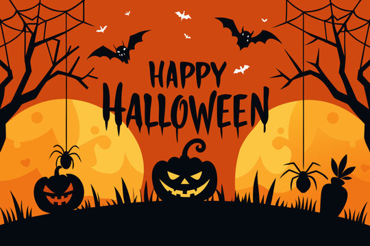 Happy halloween with spooky bats spiders and jack o lanterns